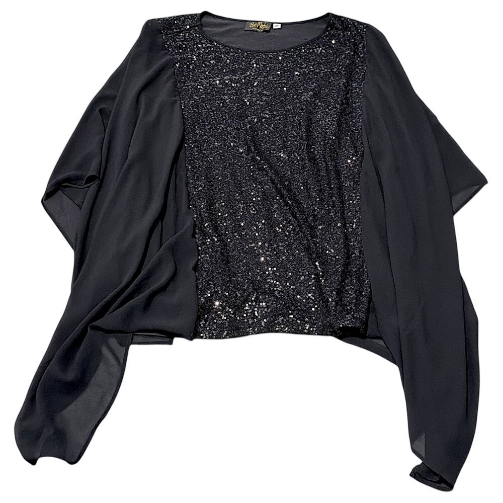 Bob Mackie Top Womens 3X Fits 22W/24W Black Sequin Chiffon Cocktail Lagenlook